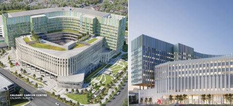 Two exterior renderings of Calgary Cancer Centre
